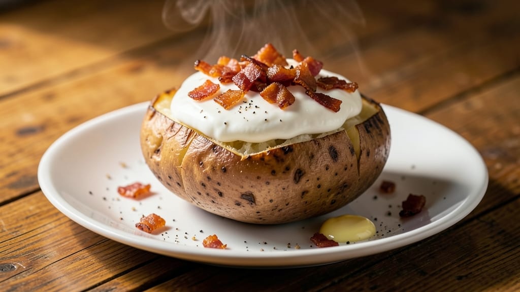 Baked Potato with Sour Cream and Bacon Bits Recipe: Crispy Skin and Smoky Crunch Combo
