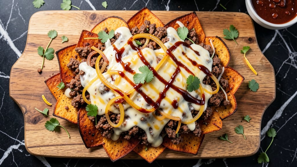 Sweet Potato Nachos Recipe with Ground Beef: Crispy Layers of Spiced Sweet Potato and Savory Beef