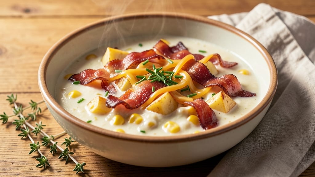 Baked Potato Corn Chowder Recipe: Creamy Velvety Texture With Crispy Top Magic