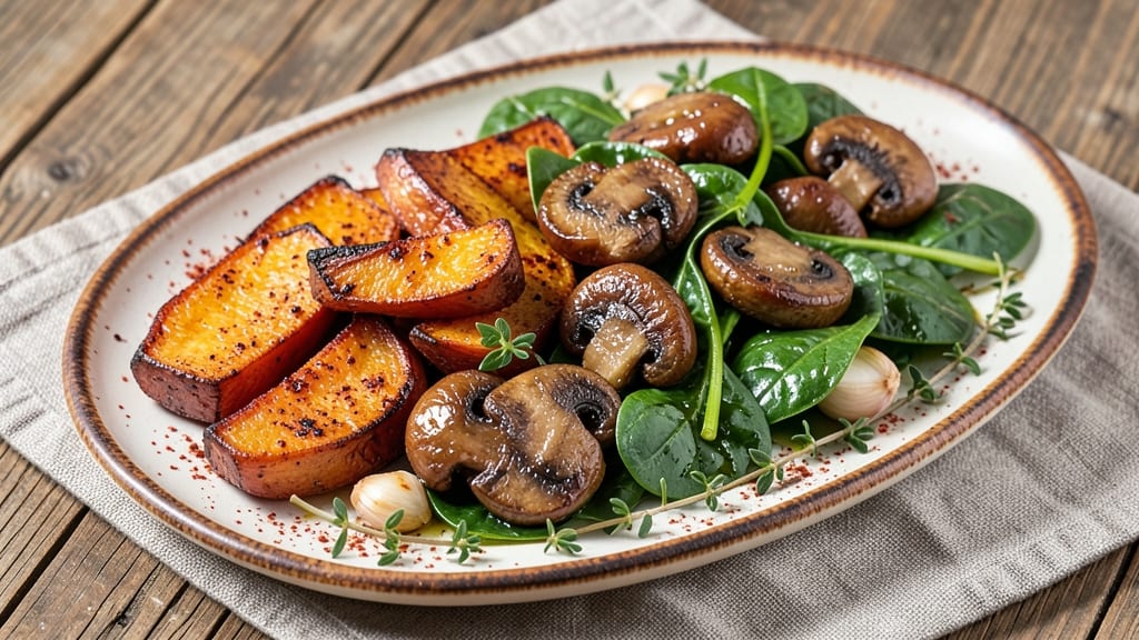 Sweet Potato Mushroom and Spinach Recipe: Roasted Earthy Sweetness With Umami Depth