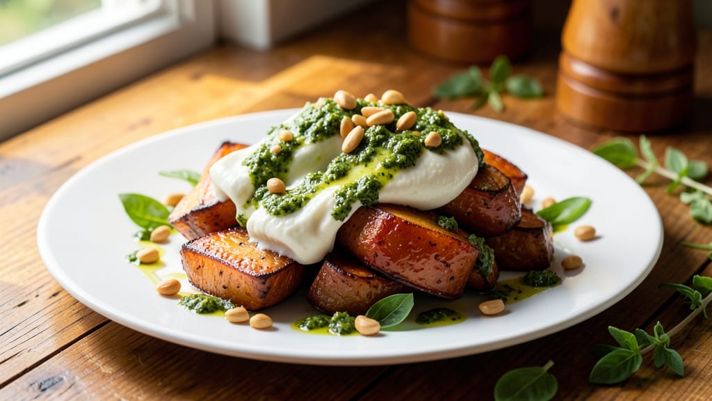 Sweet Potato Burrata Pesto Recipe: Creamy Cheese Meets Roasted Spice Harmony