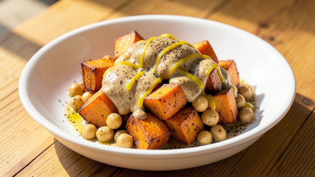 Sweet Potato Chickpea Tahini Recipe: Creamy Spiced Bowl with Crunchy Topping Magic