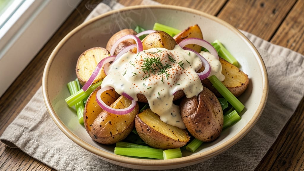 Bake Potato Salad Recipe: Warm Spiced Potatoes With Crunchy Herb Topping